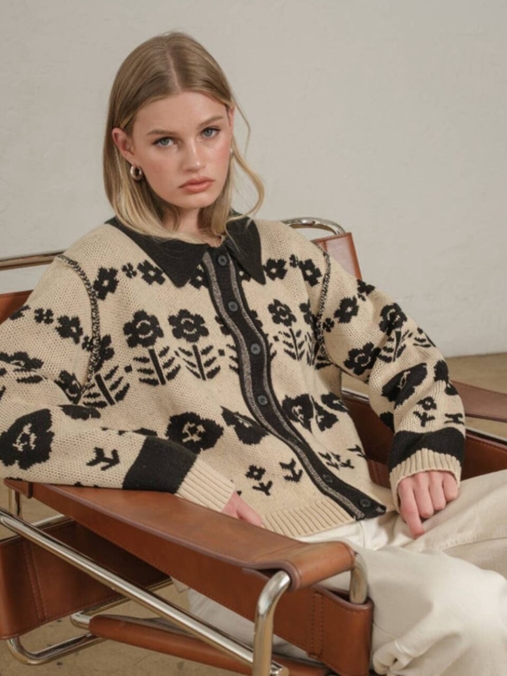 Free People Shelby Floral Cardigan Oversized Collared Knit Sweater Cream Black